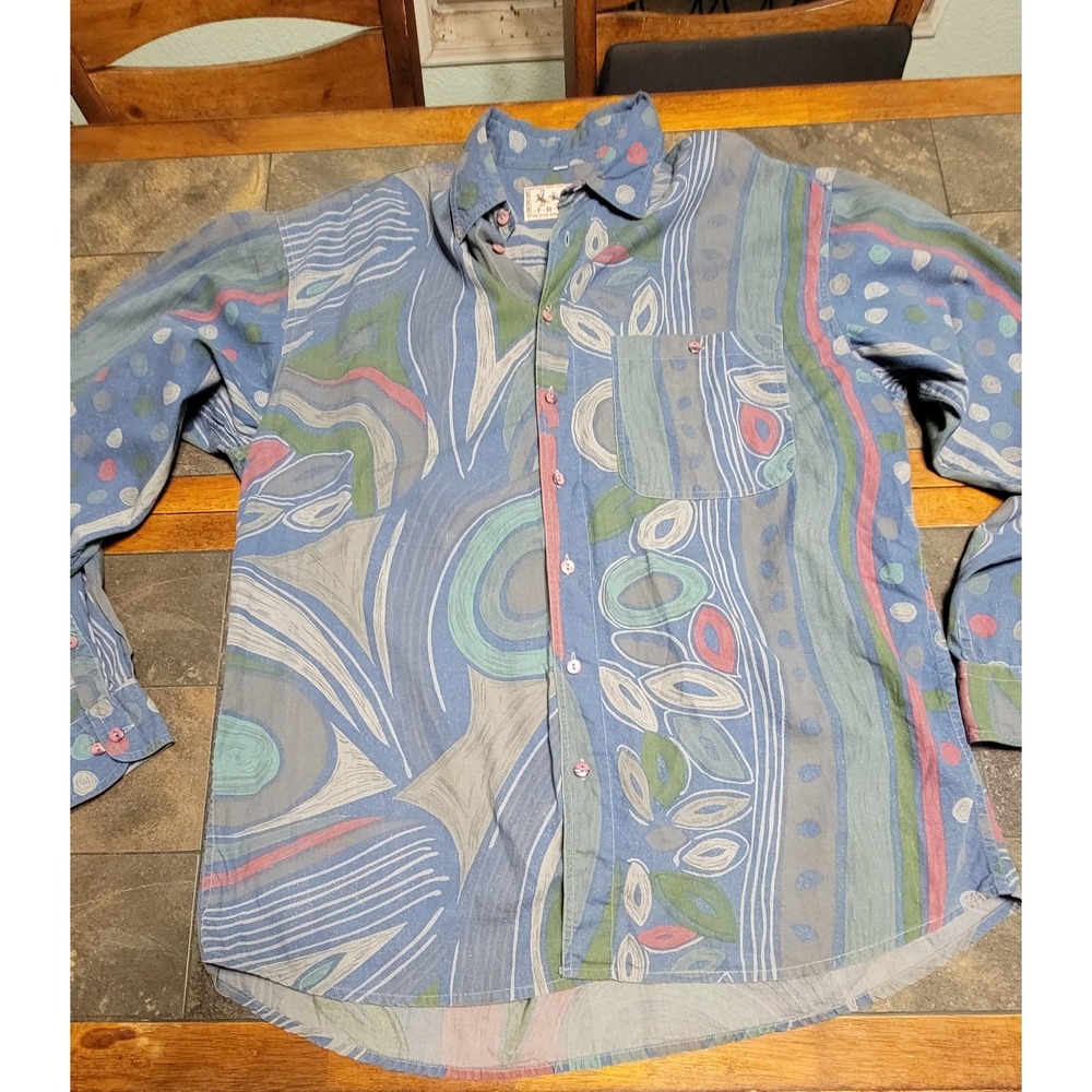 Vtg 80s 90s FRYDAY mens Large Button-Up Abstract Print Hippie Disco‎ Grunge